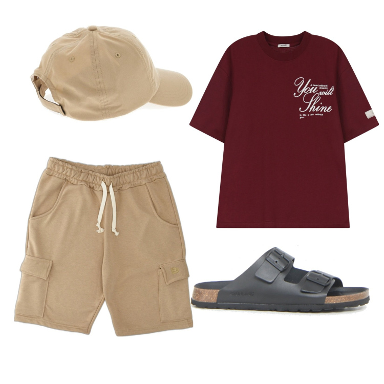 Outfit uomo - In città. per Tutti i giorni. Abbinamento con t-shirt, pantaloni corti, cappelli, sandali.