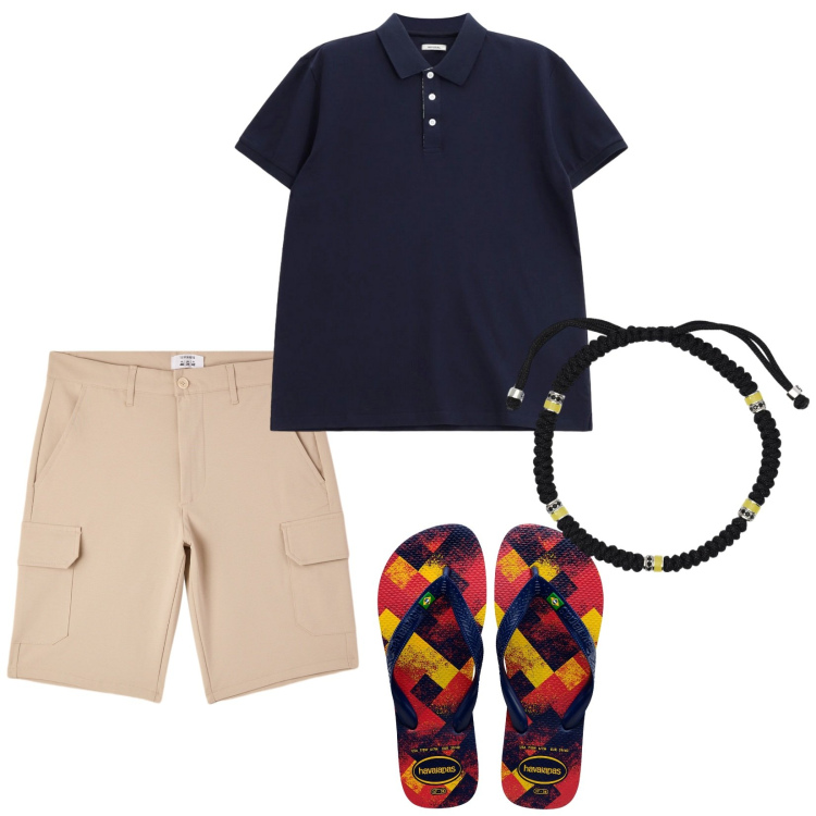 Outfit uomo - Andando al mare. per Mare. Abbinamento con pantaloni corti, braccialetti, polo, sandali.