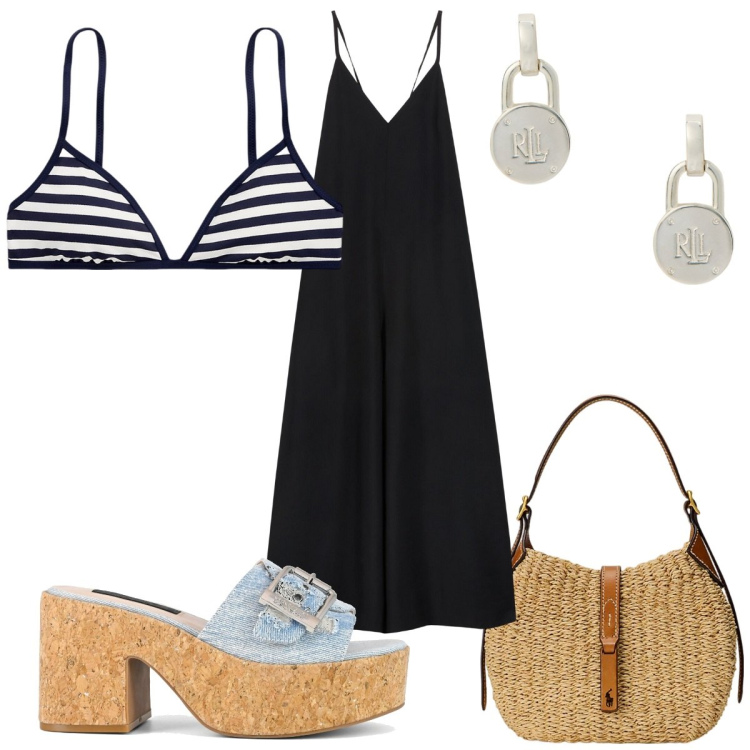 Outfit donna - Total look #2185105. Stile Trendy per Mare. Abbinamento con orecchini, borse a spalla, bikini, sandali, tute.