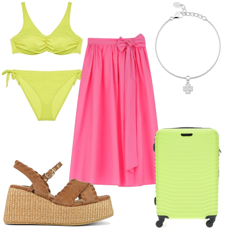 Outfit donna - Total look #2185106. Stile Trendy per Mare. Abbinamento con braccialetti con ciondoli, gonne lunghe, zeppe, bikini, valigie.