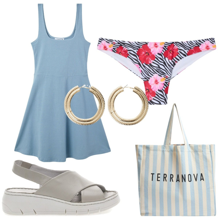 Outfit donna - Total look #2185108. Stile Basic per Mare. Abbinamento con vestiti corti, borse tote, bikini, orecchini, sandali in pelle.