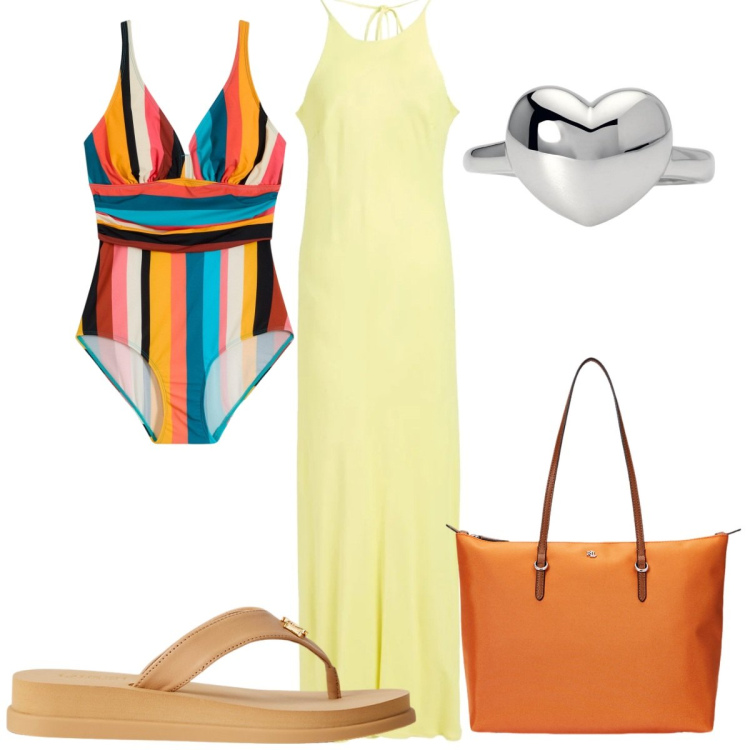 Outfit donna - Total look #2185109. Stile Trendy per Mare. Abbinamento con costumi interi, vestiti lunghi, anelli, borse tote, infradito.