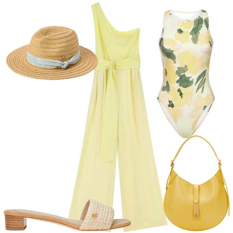Outfit donna - Total look #2185110. Stile Trendy per Mare. Abbinamento con tute, sandali in pelle, borse a spalla, cappelli, costumi interi.