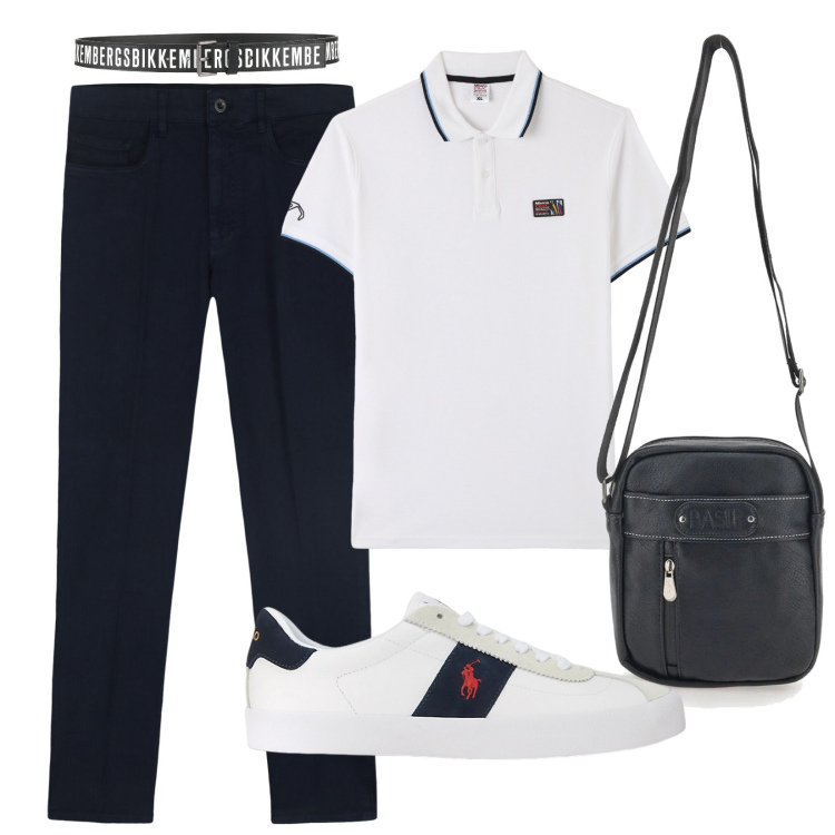 Outfit uomo - Estate in ufficio. Stile Casual per Ufficio. Abbinamento con cinture, polo, sneakers, portafogli, pantaloni.