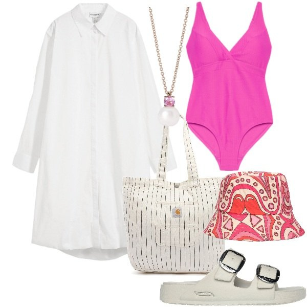Outfit donna - sabbia. Stile Basic per Mare. Abbinamento con vestiti chemisier, collane, costumi interi, ciabatte, cappelli, borse tote.