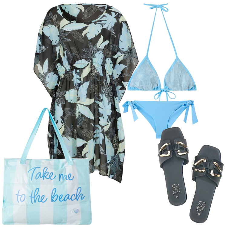 Outfit donna - Pronta per il mare. Stile Casual chic per Mare. Abbinamento con vestiti da spiaggia, bikini, bikini, borse tote, ciabatte.