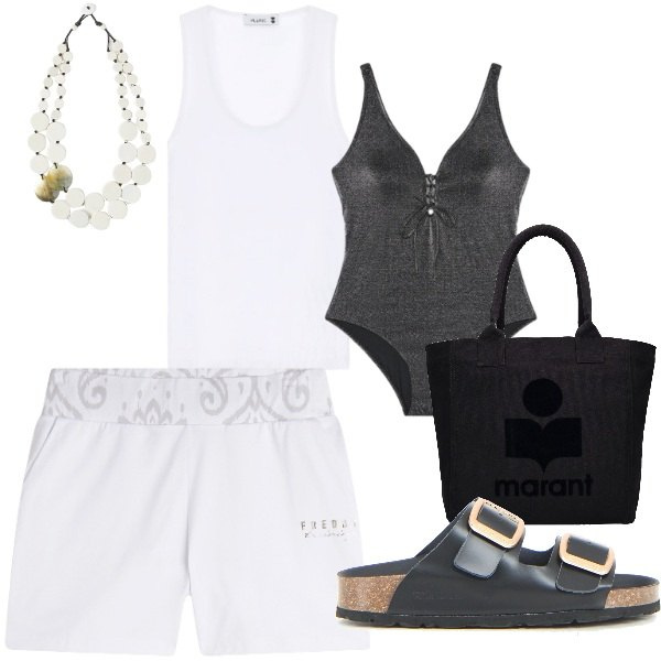 Outfit donna - Curvy mare. Stile Basic per Mare. Abbinamento con top, shorts, costumi interi, ciabatte, ciondoli, shopping bag.