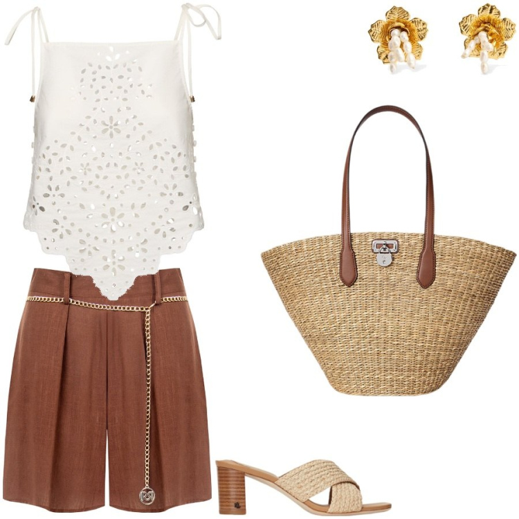 Outfit donna - Chic ad ogni ora. Stile Casual chic per Tutti i giorni. Abbinamento con shorts, sandali col tacco, borse tote, top, orecchini.