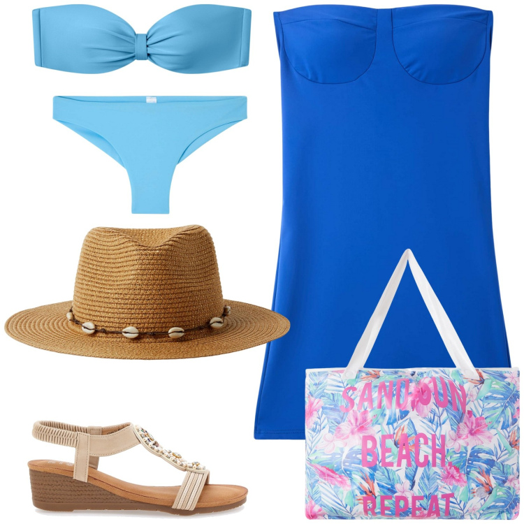 Outfit donna - Total look #2185131. Stile Basic per Mare. Abbinamento con vestiti, bikini, borse tote, cappelli, bikini, sandali.