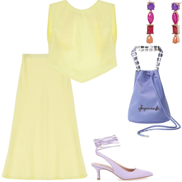 Outfit donna - Un connubio particolare. Stile Chic per Serata fuori. Abbinamento con orecchini, top, borse a secchiello, gonne longuette, décolleté.