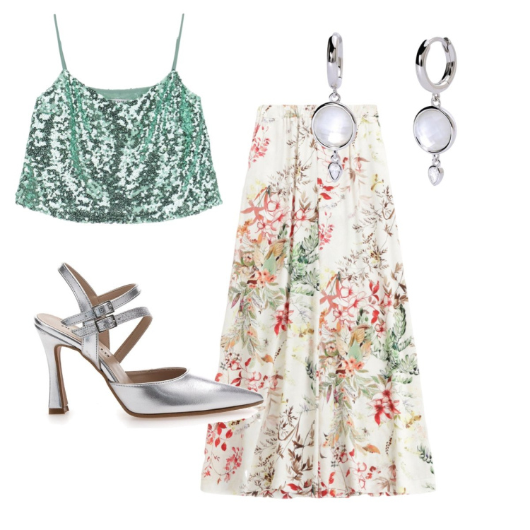 Outfit donna - outfit glamour. Stile Glamour per Tutti i giorni. Abbinamento con orecchini, top, pantaloni, décolleté.