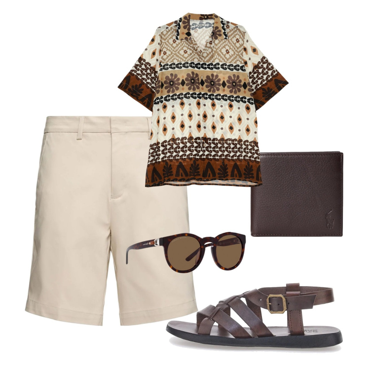 Outfit uomo - In città!. Stile Casual per Tutti i giorni. Abbinamento con camicie a manica corta, portafogli, occhiali da sole, sandali, shorts.