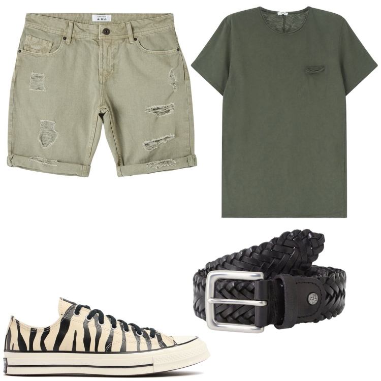 Outfit uomo - Sneakers in tela. Stile Urban per Tutti i giorni. Abbinamento con bermuda, cinture, t-shirt, sneakers.