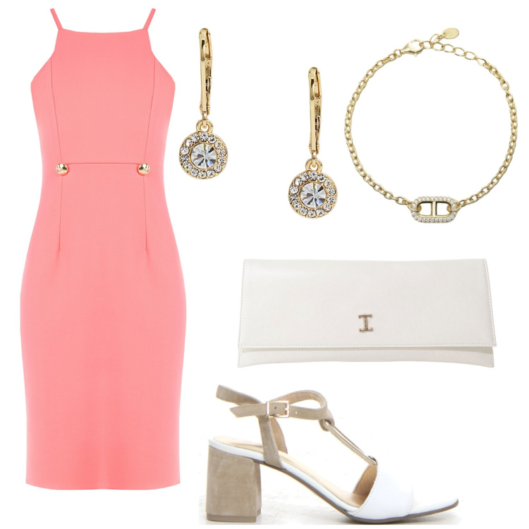 Outfit donna - Serata con stile. Stile Bon Ton per Serata fuori. Abbinamento con braccialetti, vestiti, pochette, orecchini, sandali col tacco.