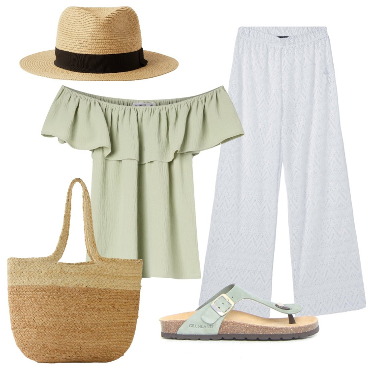 Outfit donna - Terranova Rivera look. Stile Glamour per Mare. Abbinamento con shopping bag, bluse, pantaloni, cappelli, infradito.