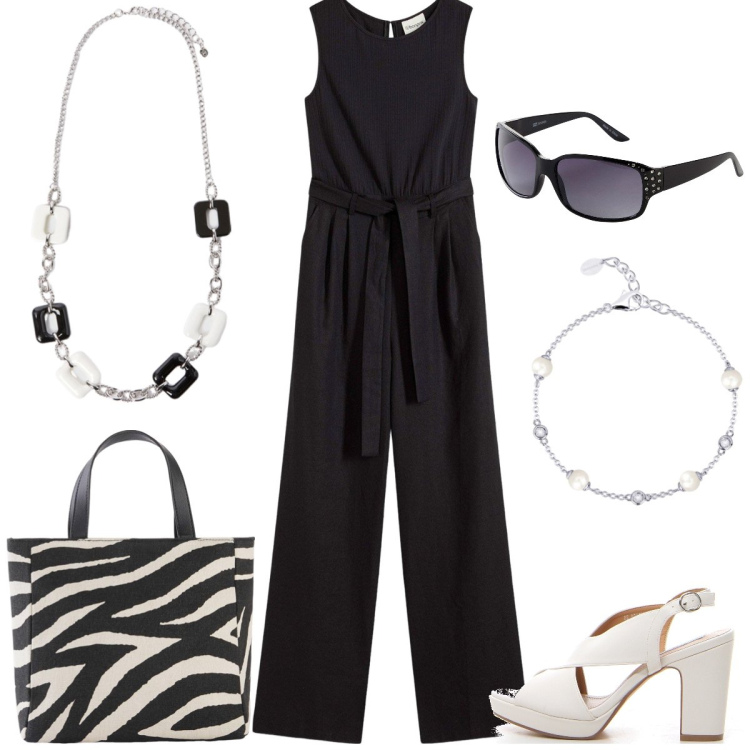 Outfit donna - In bianco e nero. Stile Casual chic per Tutti i giorni. Abbinamento con borse a mano, tute, occhiali da sole, braccialetti, sandali col tacco, collane.
