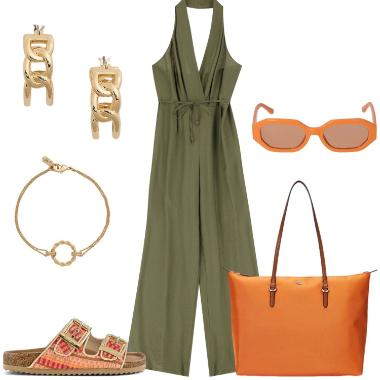Outfit donna - In vacanza. Stile Casual per Tutti i giorni. Abbinamento con tute, borse tote, orecchini, braccialetti, sandali, occhiali da sole.