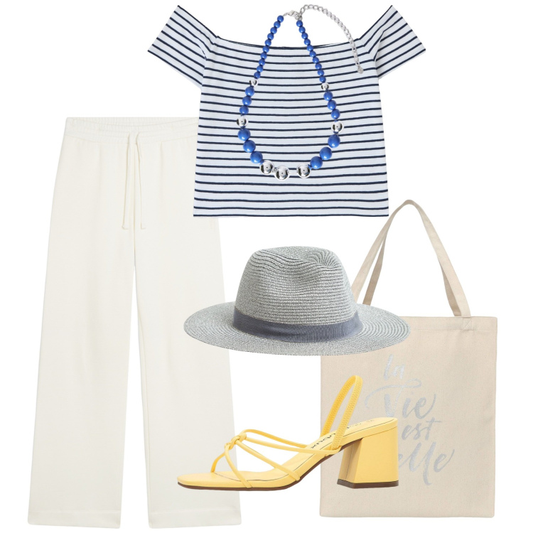 Outfit donna - Riviera Look - Estetica rilassata, solar. Stile Bon Ton per Tutti i giorni. Abbinamento con sandali col tacco, t-shirt, cappelli, borse tote, pantaloni, collane.