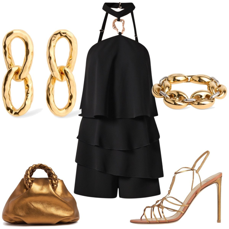 Outfit donna - Serata in tuta. Stile Chic per Serata fuori. Abbinamento con sandali in pelle, tuta corta, borse a mano, orecchini, braccialetti.