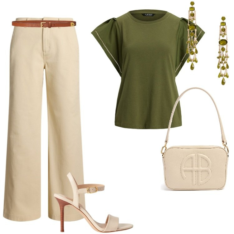 Outfit donna - Total look #2185161. Stile Casual per Tutti i giorni. Abbinamento con cinture, t-shirt, pantaloni, sandali in pelle, orecchini, borse a spalla.