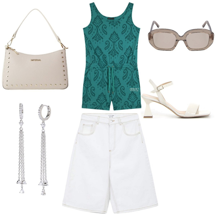 Outfit donna - Un tocco di bianco. Stile Basic per Tutti i giorni. Abbinamento con bermuda, orecchini, borse a spalla, tuta corta, occhiali da sole, sandali col tacco.
