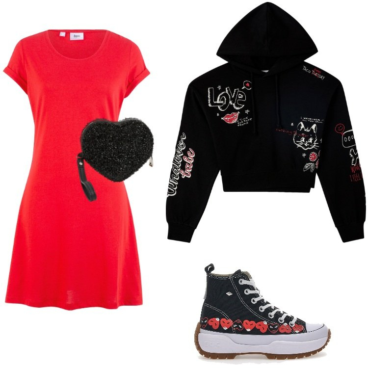 Outfit donna - Total look #2185175. Stile Trendy per Tutti i giorni. Abbinamento con vestiti, portafogli, felpe con cappuccio, sneakers.