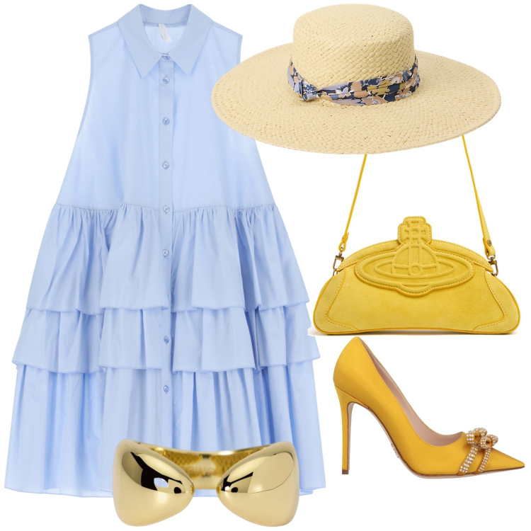 Outfit donna - Al matrimonio estivo. Stile Bon Ton per Cerimonia. Abbinamento con décolleté, anelli, vestiti corti, cappelli, clutch.
