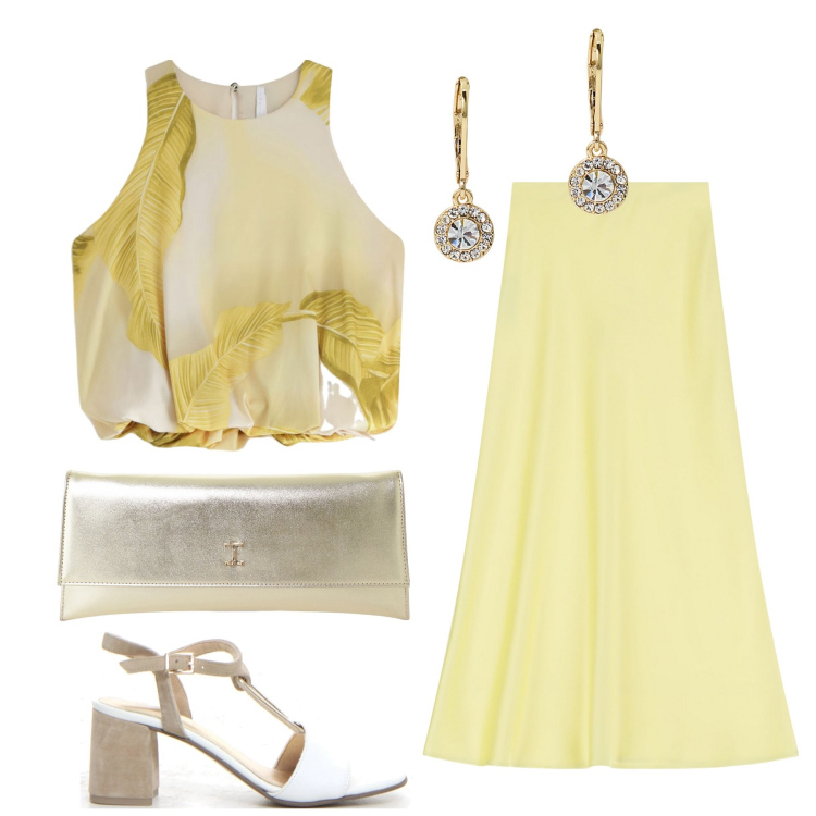 Outfit donna - Elegante in giallo. Stile Chic per Tutti i giorni. Abbinamento con gonne lunghe, top, pochette, orecchini, sandali col tacco.