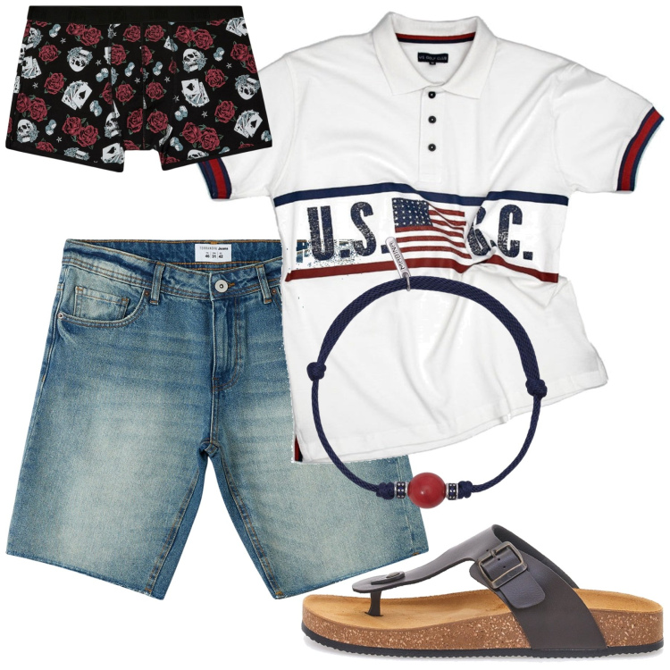 Outfit uomo - Infradito. Stile Urban per Tutti i giorni. Abbinamento con bermuda, boxer, braccialetti, polo, sandali.