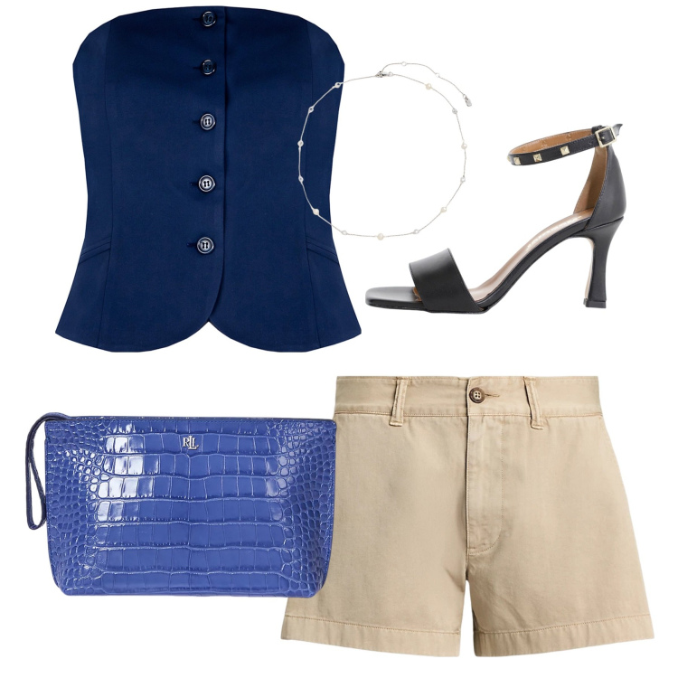 Outfit donna - Serata shorts. Stile Casual chic per Serata fuori. Abbinamento con top, sandali col tacco, collane, pochette, shorts.