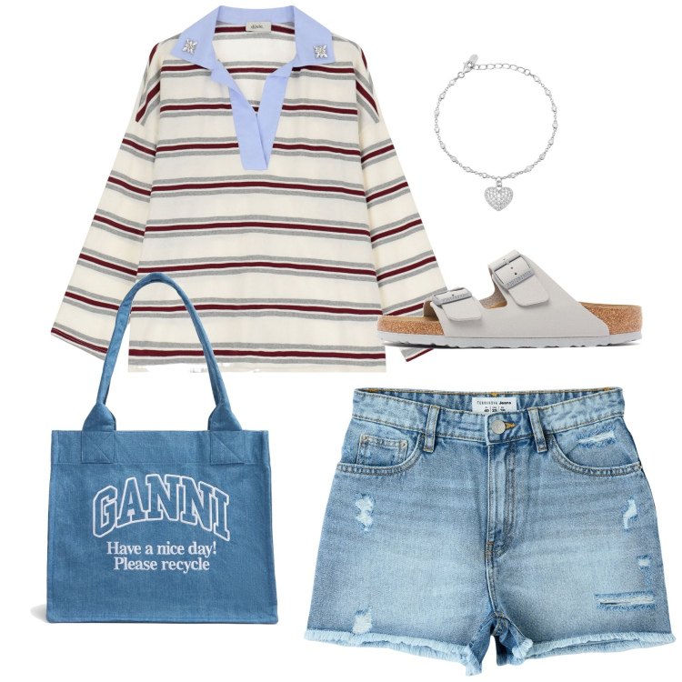 Outfit donna - Strips. Stile Casual per Tutti i giorni. Abbinamento con shorts, braccialetti, maglieria, sandali, shopping bag.