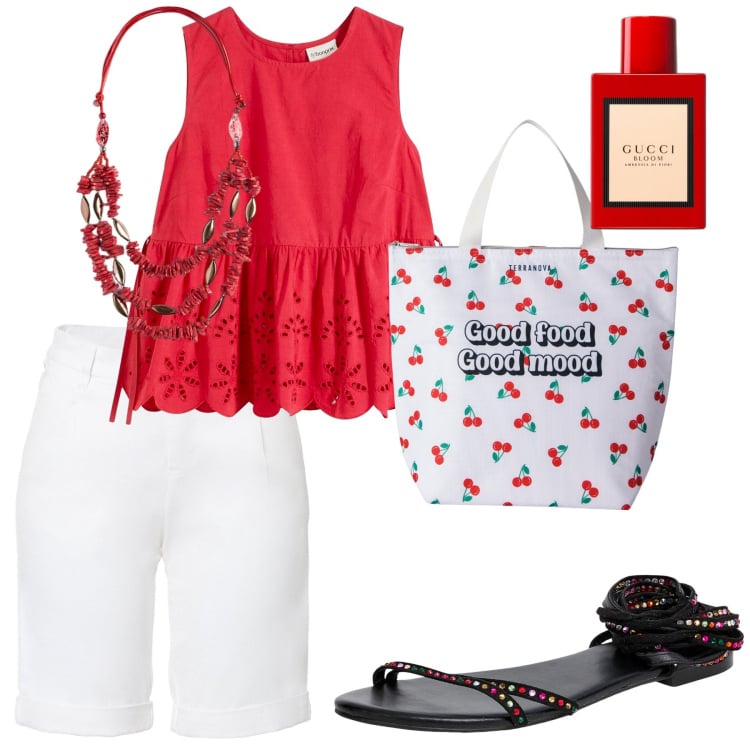 Outfit donna - Rosso ciliegia. Stile Trendy per Tutti i giorni. Abbinamento con top, bermuda, profumi, sandali alla schiava, borse tote, collane.