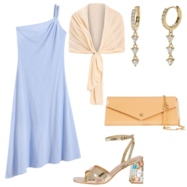 Outfit donna - Aperitivo vista mare. Stile Glamour per Serata fuori. Abbinamento con vestiti asimmetrici, sandali gioiello, orecchini, pochette, scialli.
