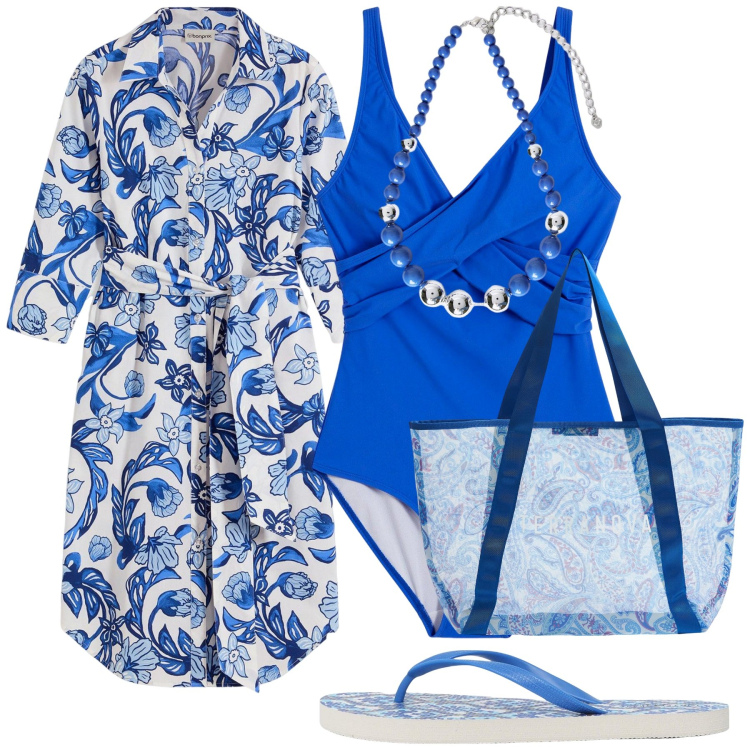 Outfit donna - Navy. Stile Vintage retrò per Mare. Abbinamento con vestiti chemisier, costumi interi, infradito, shopping bag, collane.