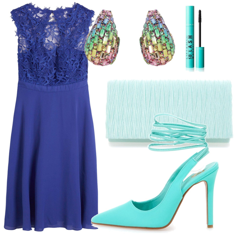 Outfit donna - Tiffany. Stile Glamour per Cerimonia. Abbinamento con vestiti corti, mascara, orecchini, décolleté, pochette.