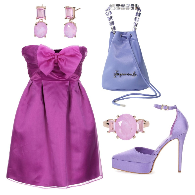Outfit donna - La festeggiata con il fiocco. Stile Chic per Serata fuori. Abbinamento con vestiti corti, orecchini, anelli, borse a secchiello, décolleté.