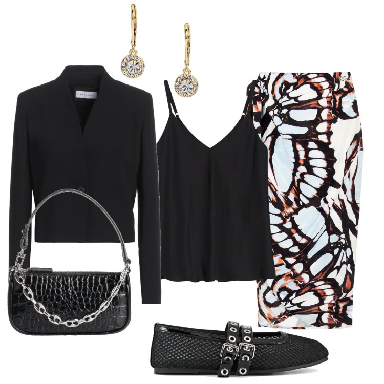 Outfit donna - Bianco e nero: amo questo contrasto. Stile Chic per Cerimonia. Abbinamento con blazer, borse a mano, gonne longuette, top, orecchini, ballerine.