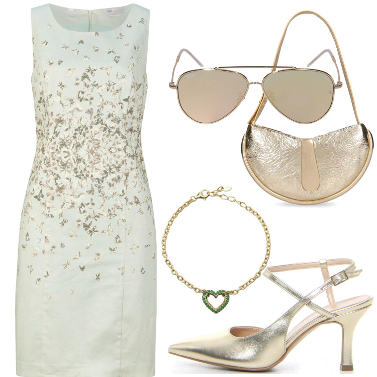 Outfit donna - Oro. Stile Basic per Tutti i giorni. Abbinamento con vestiti a tubino, braccialetti, occhiali da sole, borse a spalla, sandali col tacco.