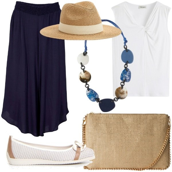 Outfit donna - Riviera Look. Stile Glamour per Tutti i giorni. Abbinamento con pantaloni culotte, top, borse a tracolla, cappelli, ballerine, collane.