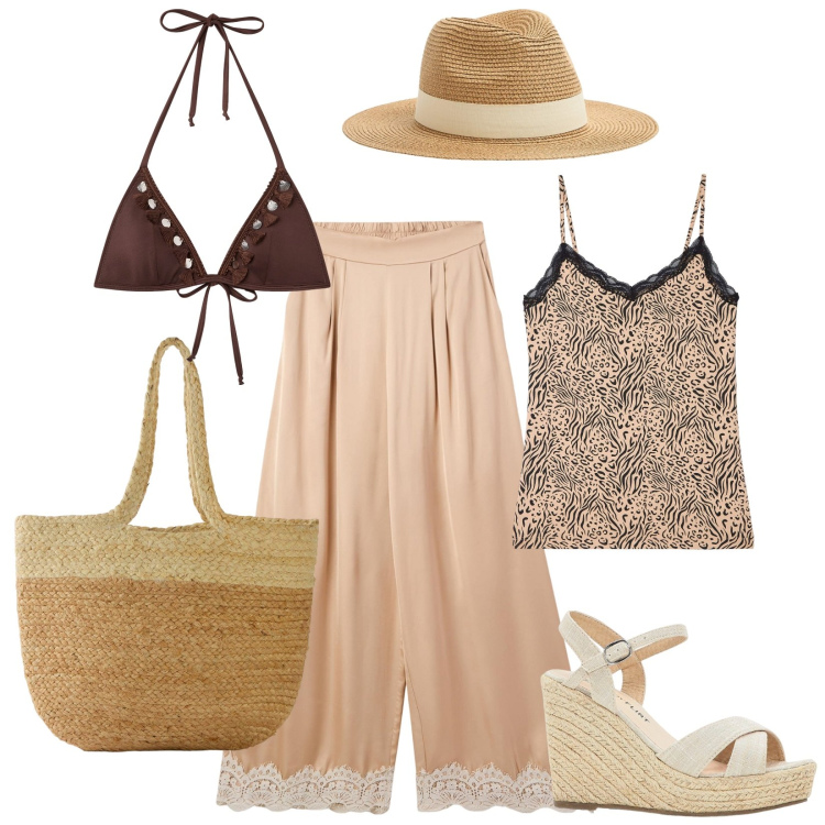 Outfit donna - Un tuffo nel passato. Stile Trendy per Mare. Abbinamento con sandali, shopping bag, cappelli, pantaloni a palazzo, bikini, canottiere.