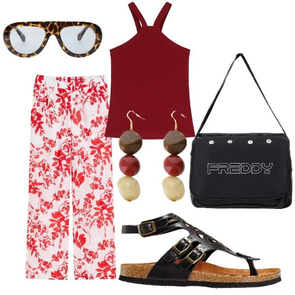 Outfit donna - A spasso per la città. Stile Casual per Tutti i giorni. Abbinamento con sandali in pelle, pantaloni, occhiali da sole, borse messenger, orecchini, top.