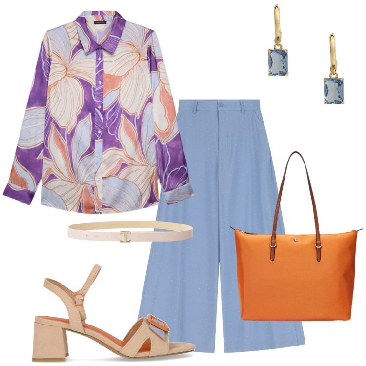 Outfit donna - Estate leggera floreale. Stile Chic per Ufficio. Abbinamento con pantaloni, cinture, borse tote, orecchini, camicie, sandali col tacco.