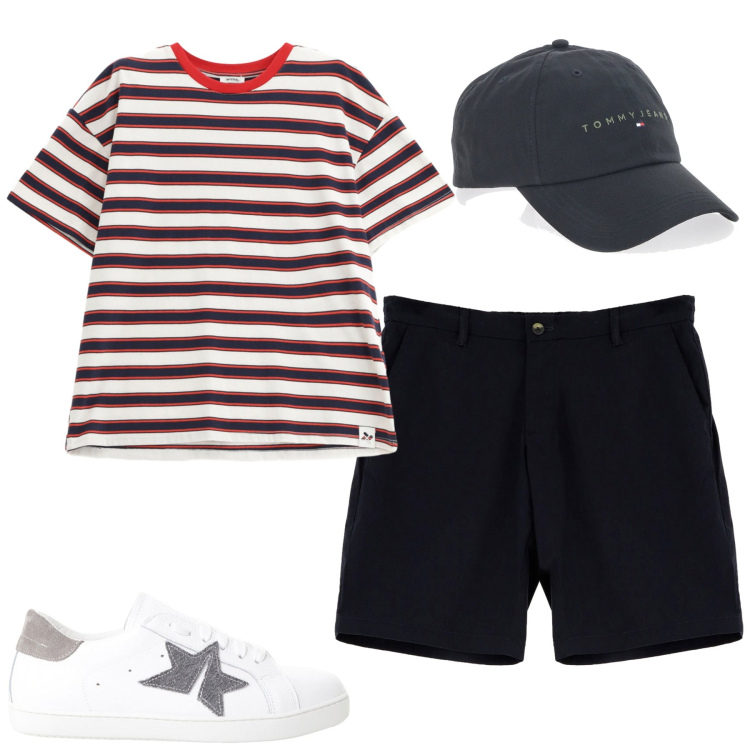 Outfit uomo - Total look #2185231. Stile Casual per Tutti i giorni. Abbinamento con sneakers, t-shirt, bermuda, cappelli.