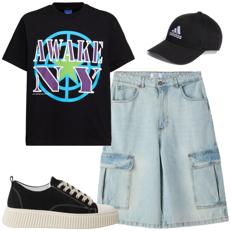 Outfit uomo - Total look #2185232. Stile Casual per Tutti i giorni. Abbinamento con bermuda, sneakers, cappelli con visiera, t-shirt.