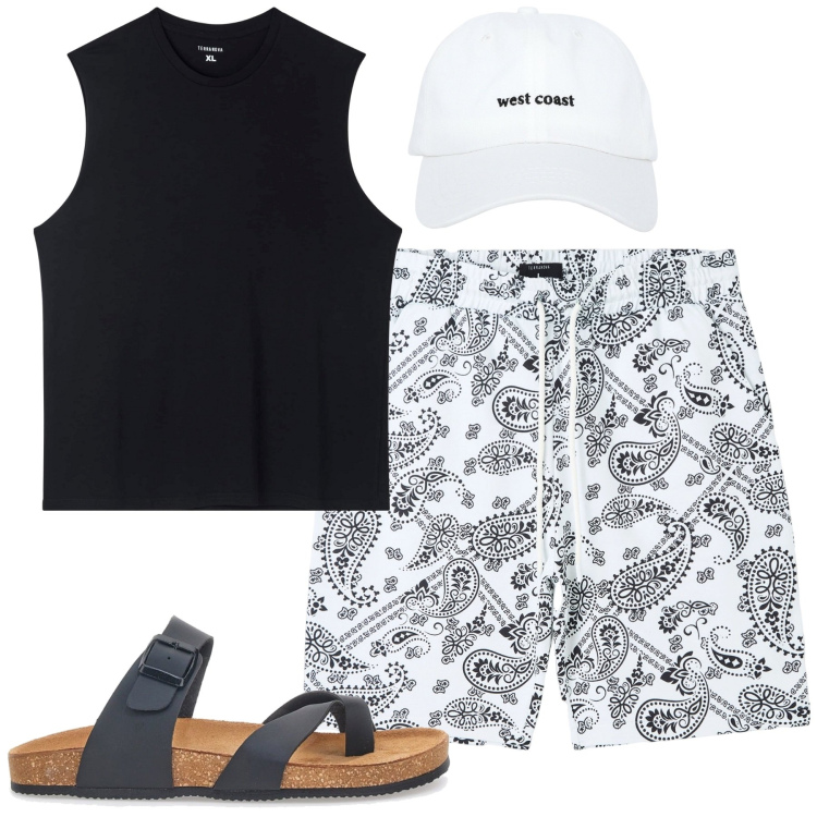 Outfit uomo - Al mare. Stile Trendy per Mare. Abbinamento con t-shirt, bermuda, cappelli, sandali.