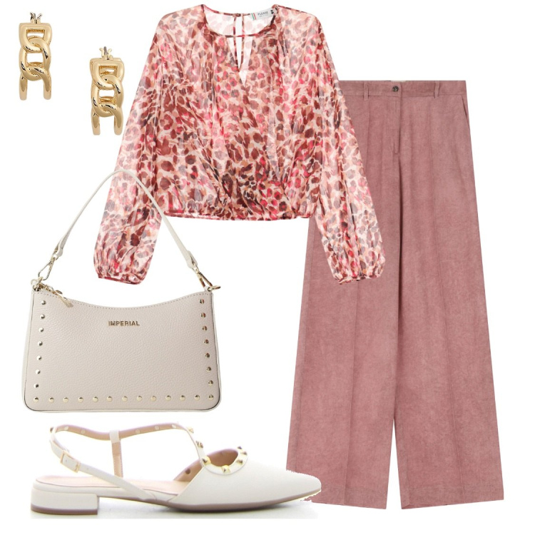 Outfit donna - Estate leggera floreale. Stile Romantica per Ufficio. Abbinamento con pantaloni a palazzo, bluse, borse a spalla, orecchini, sandali in pelle.
