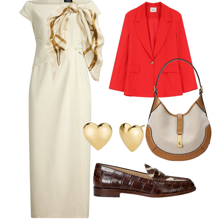 Outfit donna - A lavoro. per Ufficio. Abbinamento con orecchini, blazer, vestiti lunghi, mocassini, foulard, borse a spalla.