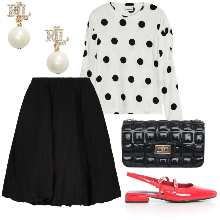 Outfit donna - Invito a cena. per Serata fuori. Abbinamento con maglieria, borse a tracolla, orecchini, gonne longuette, sandali in pelle.
