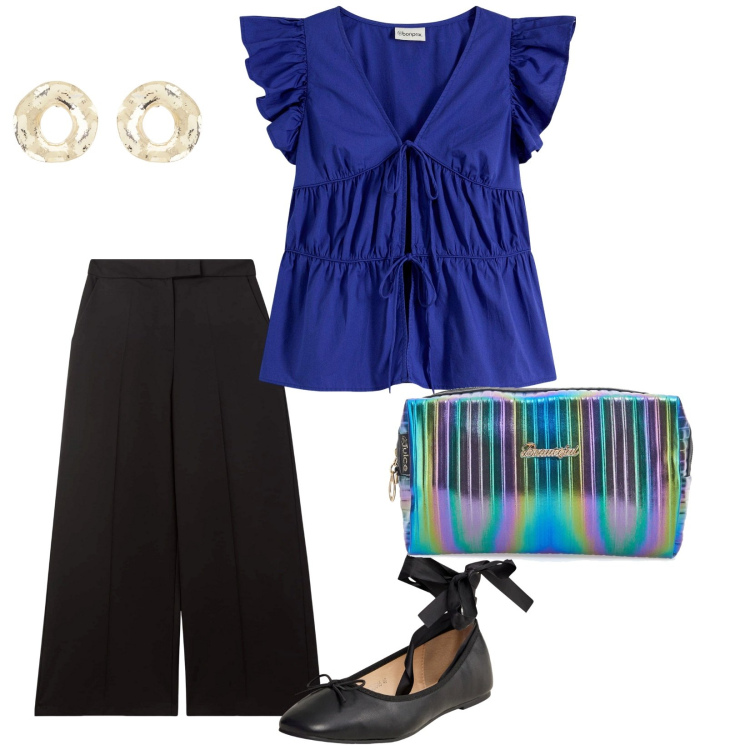 Outfit donna - Abbronzatura e blu reale. per Serata fuori. Abbinamento con bluse, ballerine, pantaloni a palazzo, orecchini, valigie.