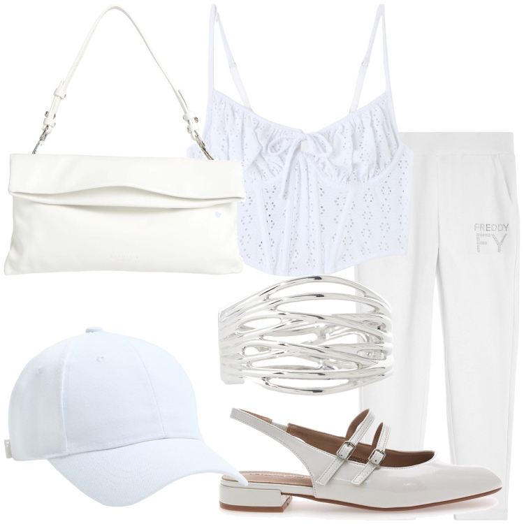 Outfit donna - White Summer. Stile Bon Ton per Tutti i giorni. Abbinamento con borse a mano, cappelli, top, braccialetti, pantaloni, ballerine.